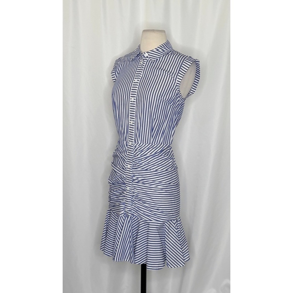 VERONICA BEARD Bell Bottom Ruched Seersucker Shirt Dress Shirtdress Preppy 0 - Picture 8 of 16